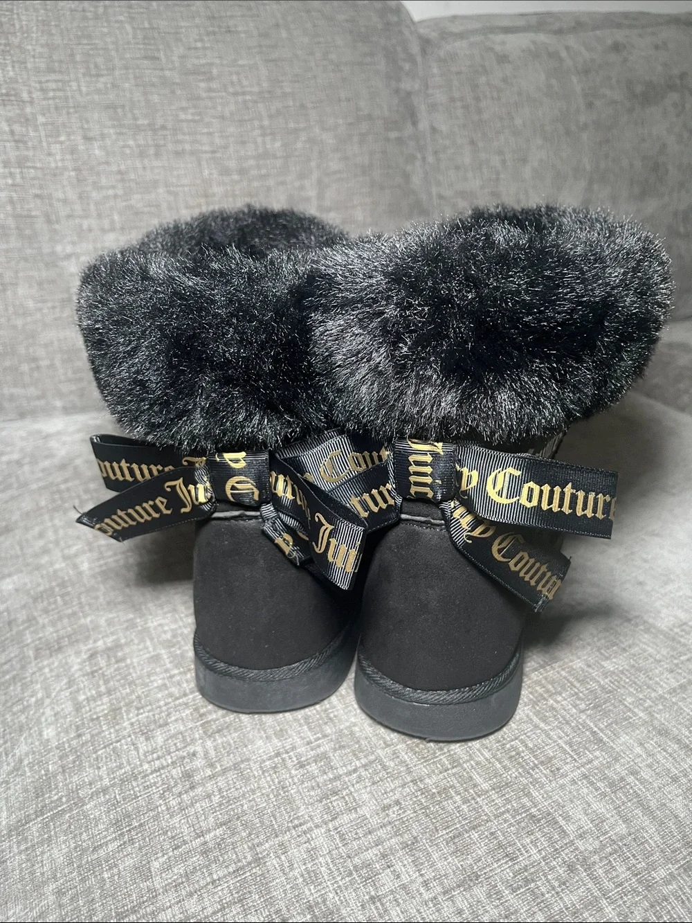 Juicy Couture Black Faux Fur Cuff Ankle Boots with Gold Logo Bows